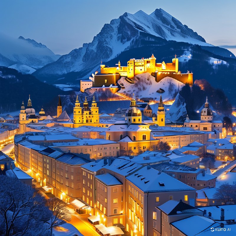 #Bing_Wallpaper奥地利萨尔茨堡梦幻的冬季夜晚，街道闪烁迷人，山峰结霜