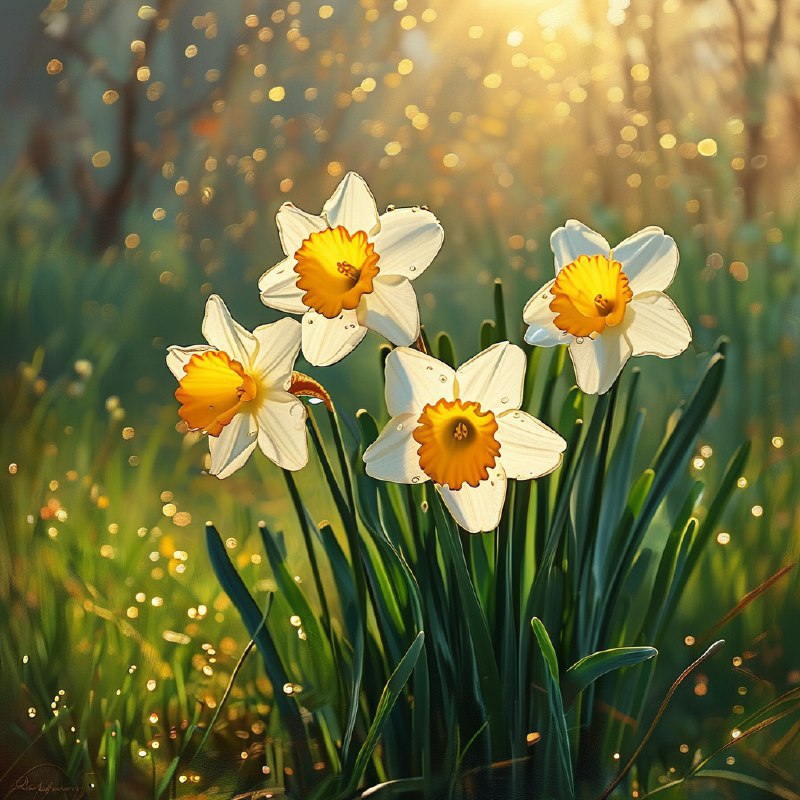 #Bing_Wallpaper一个迷人的春日清晨，沐浴在金色阳光中，娇嫩的水仙花优雅地盛开在鬱鬱葱葱的绿草间