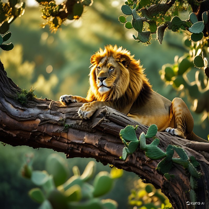 #Bing_Wallpaper“一只宁静的狮子安详地栖息在一根结实的树枝上，隐身于伊沙夏地区——乌干达伊丽莎白女王国家公园内密茂的仙人掌状树木的葱茏枝叶间