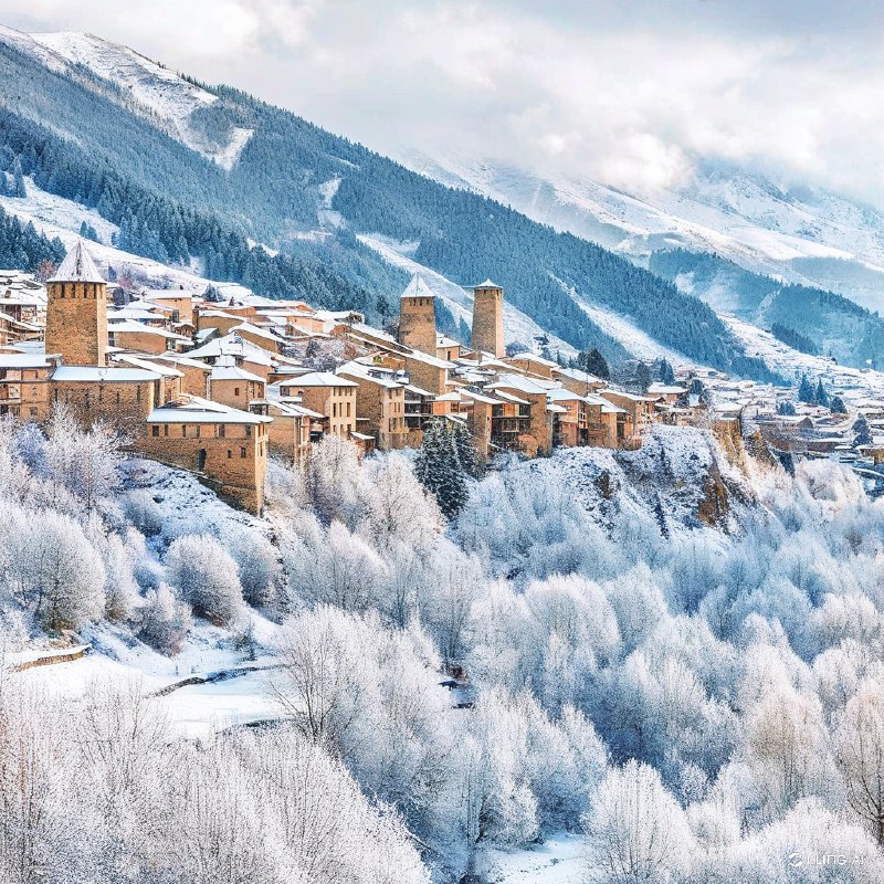 #Bing_Wallpaper“宁静的冬日景观捕捉了格鲁吉亚上斯瓦涅季梅斯蒂亚中世纪石塔的风采，覆盖着一层新雪