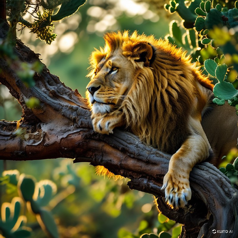 #Bing_Wallpaper“一只宁静的狮子安详地栖息在一根结实的树枝上，隐身于伊沙夏地区——乌干达伊丽莎白女王国家公园内密茂的仙人掌状树木的葱茏枝叶间