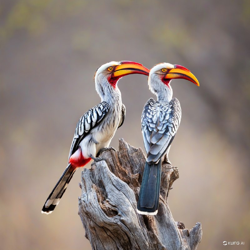 #Bing_Wallpaper两只活力十足的南方黄嘴犀鸟栖息在南非克鲁格国家公园荒野中一棵风化灰树桩的顶端