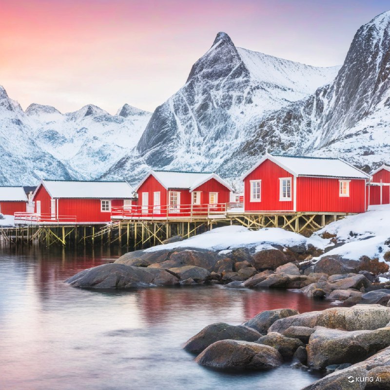 #Bing_Wallpaper鲜艳的红色渔民小屋坐落在挪威Reinefjord的岩石海岸上，背后是雪山覆盖的壮丽景色