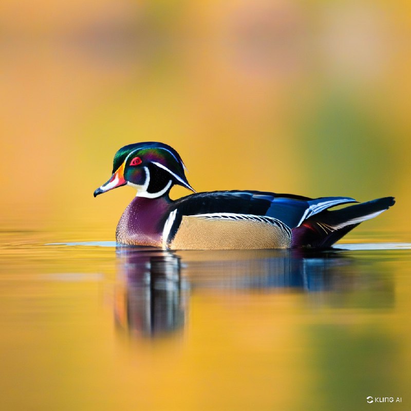 这是一幅宁静的风景画，一只色彩斑斓的雄性木鸭漂浮在平静的水面上，背景是温暖的金色，反映了加拿大魁北克秋季的自然之美