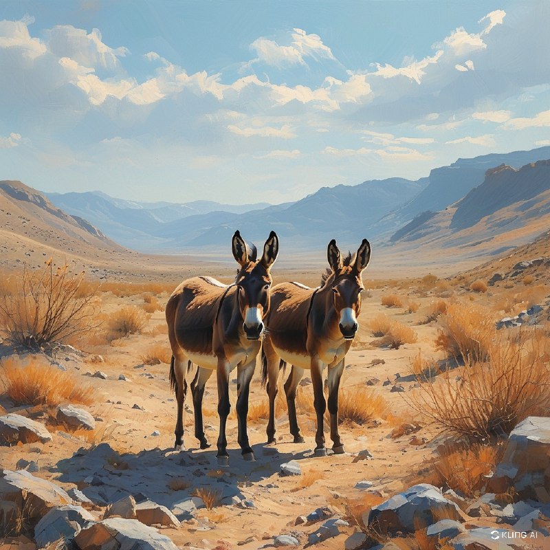 #Bing_Wallpaper在美国内华达州赖奥莱特附近一个阳光明媚的沙漠山谷中，两头野驴并肩而立