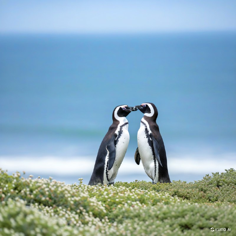 #Bing_Wallpaper两只麦哲伦企鹅并排站立，轻轻地用翅膀相扣，仿佛在温柔地拥抱着彼此