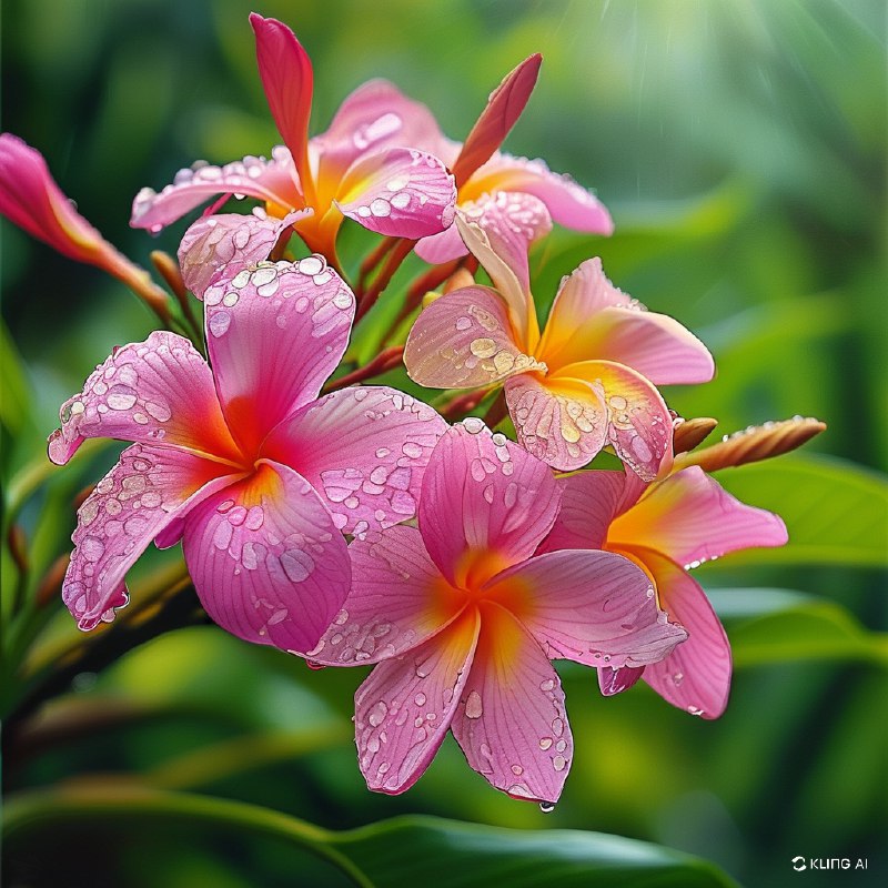 #Bing_Wallpaper"特写镜头展示鲜艳的粉红色和黄色鸡蛋花（缅栀花），花瓣上点缀着新鲜的露珠，在阳光下柔和地闪耀光芒