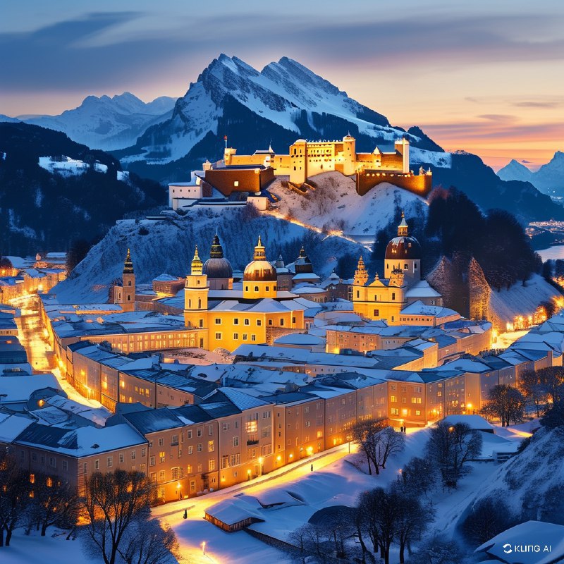 #Bing_Wallpaper奥地利萨尔茨堡梦幻的冬季夜晚，街道闪烁迷人，山峰结霜