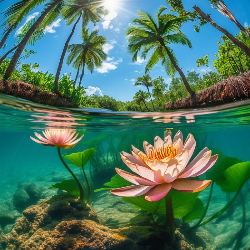 #Bing_Wallpaper“这是一幅迷人的水下视角画面，展现了墨西哥图卢姆一处天然天坑的景象，被热带绿洲的精致倒影所环绕点缀