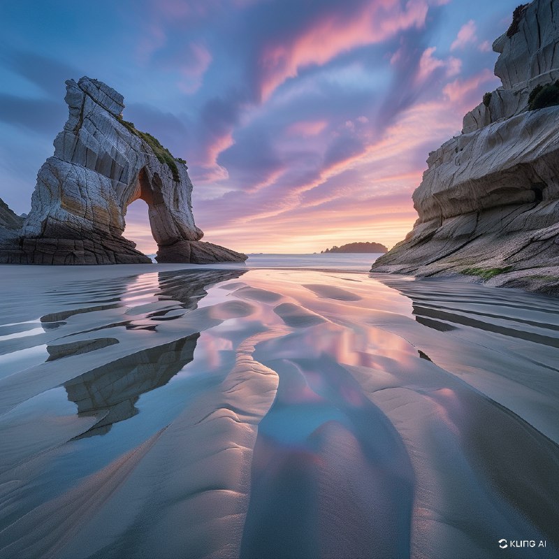 #Bing_Wallpaper新西兰瓦拉里基海滩壮丽的海岸景观，展示了从宁静的大海中冒出的高耸而饱经风霜的岩石地貌，其中一块岩石被时间雕刻出了一个天然的拱门