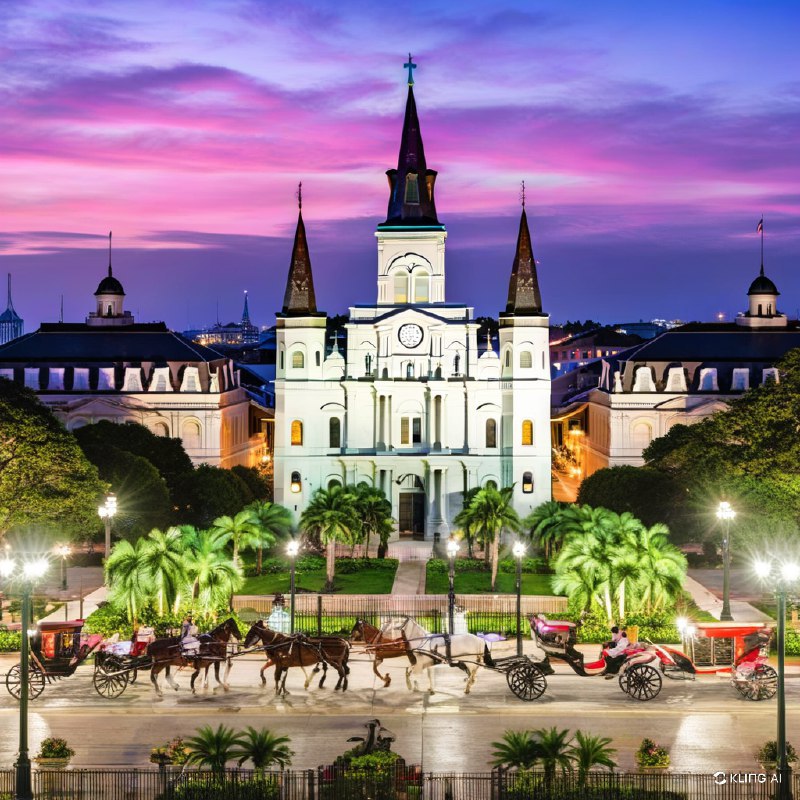 #Bing_Wallpaper"在路易斯安那州新奥尔良热闹的狂欢节庆典中，壮丽的杰克逊广场呈现出迷人的景象，辉煌灯光照耀下的圣路易斯大教堂以其标志性的尖塔矗立其中，被茂密的绿树和历史悠久的建筑映衬