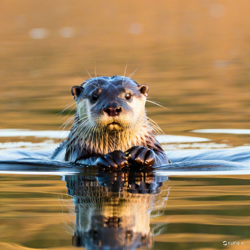 #Bing_Wallpaper夕阳时分，一只欧亚水獭从平静而金黄的水面中浮现的特写镜头