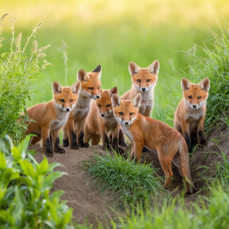 #Bing_Wallpaper一群顽皮的红狐狸幼崽在它们泥土色的巢穴附近嬉戏，周围环绕着茂密的青草和柔软的野生植物
