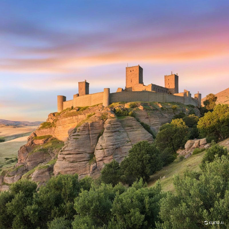 #Bing_WallpaperA majestic ancient castle perched atop a rocky cliff, surrounded by a vast, rugged landscape with sparse greenery. The sky is painted with a stunning, colorful sunset, casting a warm, golden light over the scene. The castle's towers and stone walls are bathed in this dramatic lighting, enhancing its historical and mystical aura. The overall atmosphere is one of awe and timeless beauty.一座雄伟的古老城堡坐落在陡峭的岩石悬崖上，周围是广阔而崎岖的地形，零星点缀着稀疏的绿色植被