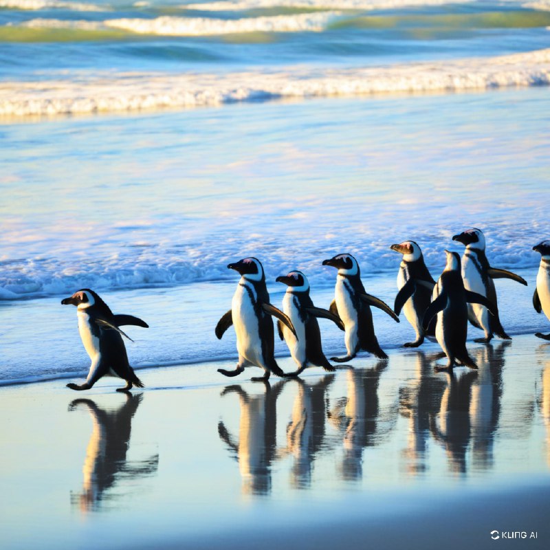 #Bing_Wallpaper“麦哲伦企鹅仿佛穿着天然的黑白‘燕尾服’，优雅地沿着福克兰群岛志愿者点那条闪闪发光、沐浴在金色晨光中的海岸线踱步