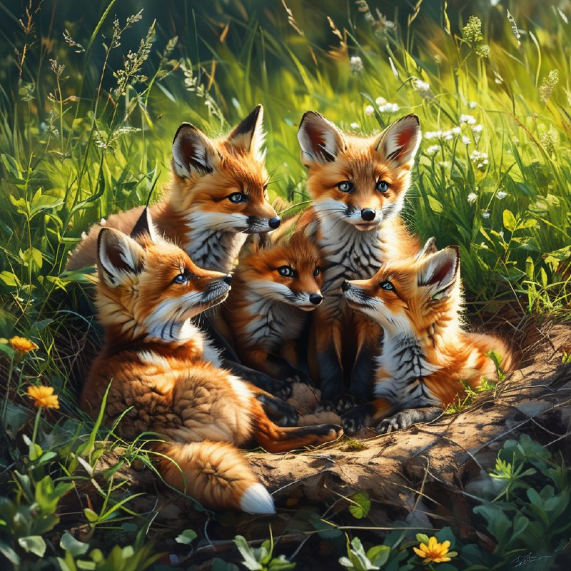 #Bing_Wallpaper一群顽皮的红狐狸幼崽在它们泥土色的巢穴附近嬉戏，周围环绕着茂密的青草和柔软的野生植物