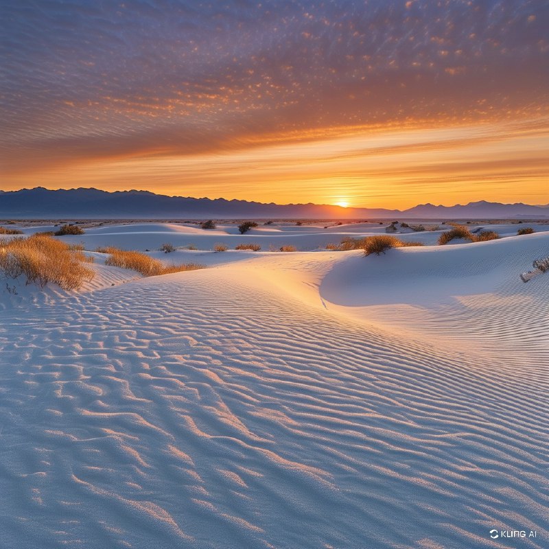 #Bing_Wallpaper"在美国新墨西哥州的白沙国家公园，广袤的白色沙丘在宁静的日落天空下绵延起伏