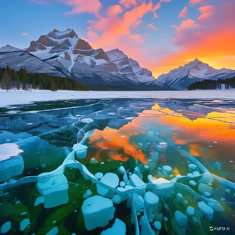 #Bing_Wallpaper“一幅令人叹为观止的冬季景观，展现了加拿大阿尔伯塔省亚伯拉罕湖的美景：一片广阔的松石色冰面上，悬浮着透明的白色甲烷气泡，这些气泡冻结成了错落有致的层次，层叠在冰面之下