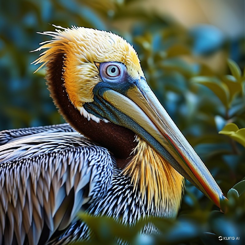 #Bing_Wallpaper特写描绘了一只棕色鹈鹕安静地栖息在柔和的绿色树叶间，以照片般的写实精度捕捉其鲜明细节