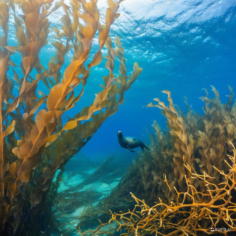 一个宁静的水下场景，以巨大的海藻林为特色，金褐色的海藻生机勃勃