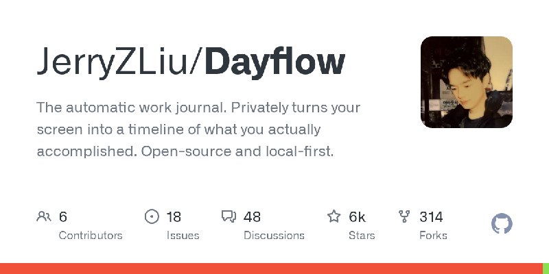 GitHub - JerryZLiu/Dayflow: The automatic work journal. Privately turns your screen into a timeline of what you actually accomplished.…