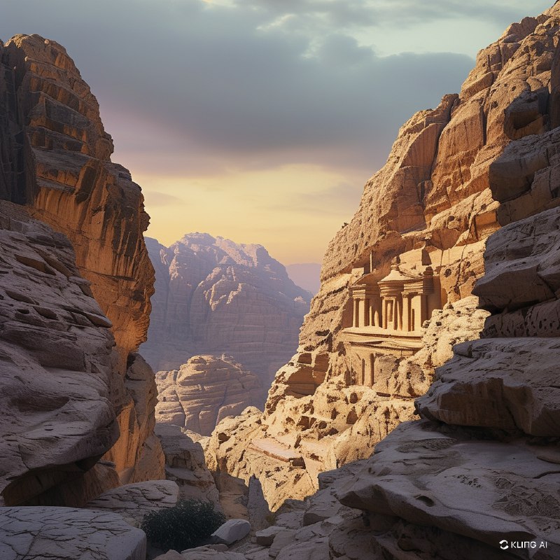 #Bing_Wallpaper“约旦佩特拉的修道院（Ad Deir）的壮丽遗址沐浴在落日的金色余辉中