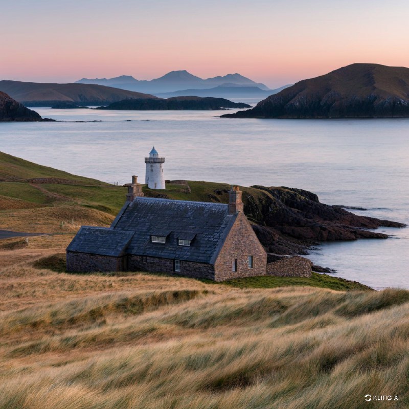 #Bing_Wallpaper"威尔士沿海的日出景象，一座古朴的石屋静静地坐落在金色随风摇曳的草丛中，屋顶覆有板岩，与兰德温岛（Llanddwyn Island）宁静的美景融为一体