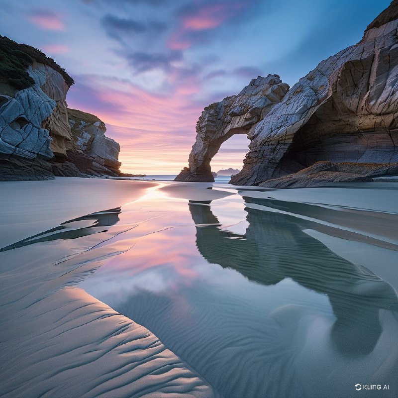 #Bing_Wallpaper新西兰瓦拉里基海滩壮丽的海岸景观，展示了从宁静的大海中冒出的高耸而饱经风霜的岩石地貌，其中一块岩石被时间雕刻出了一个天然的拱门