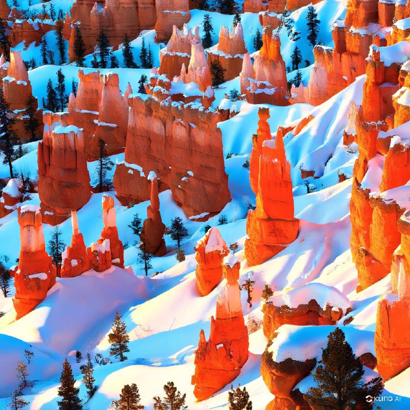 #Bing_Wallpaper雄伟的砂岩岩柱在犹他州布莱斯峡谷国家公园的洁白雪床上戏剧性地矗立，橙红色与火红色的石柱在日出或日落时的柔光下散发着金色的光辉