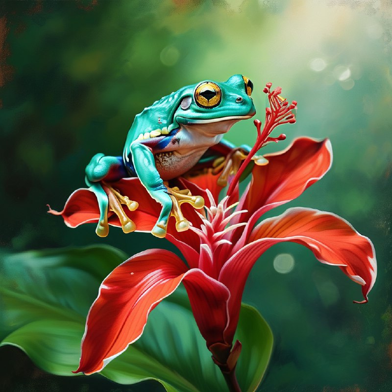 #Bing_Wallpaper一只充满活力的哥斯达黎加树蛙栖息在一朵鲜艳的红色螺旋姜花上，它那鲜亮的绿色身体和炯炯有神的金色眼睛散发着生机勃勃的光彩