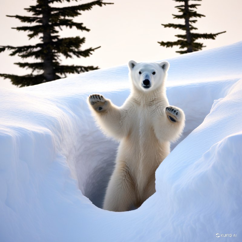 #Bing_Wallpaper一幅温馨的画面展现了顽皮的北极熊幼崽从雪白的巢穴中探出身来，周围是闪耀在柔和散射的北极日光下的洁白雪堆