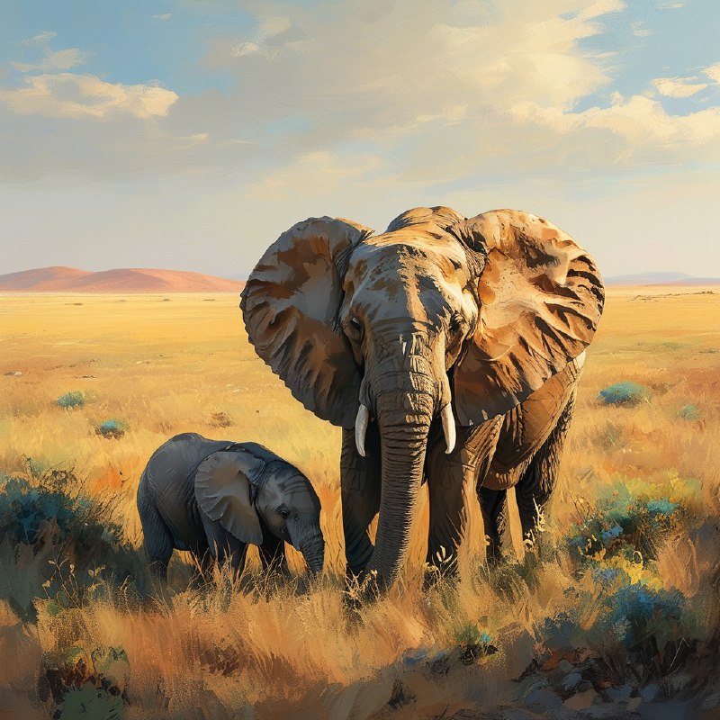 #Bing_Wallpaper两头沙漠大象——一头成年象和一头顽皮的小象——正在纳米比亚广阔的沙漠地带中，平静地在高大茂密的金绿色草丛间觅食