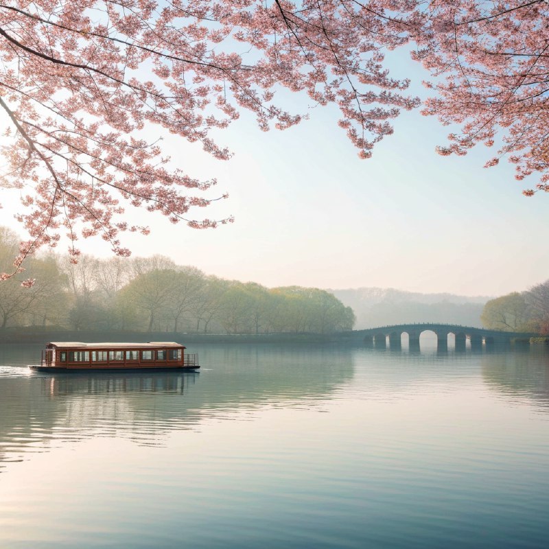 #Bing_Wallpaper“杭州春日静谧，满开的娇嫩樱花勾勒出如画的景色，在柔和的金色阳光下环绕着一片宁静的湖泊，传统的中国小船轻轻漂浮在如镜的水面上，远处一座拱形石桥隐没在清晨的薄雾中，郁郁葱葱的树木掺杂着粉色与绿色，形成鲜明的对比，氛围弥漫着梦幻般的宁静，捕捉了中国春日天堂的迷人之美