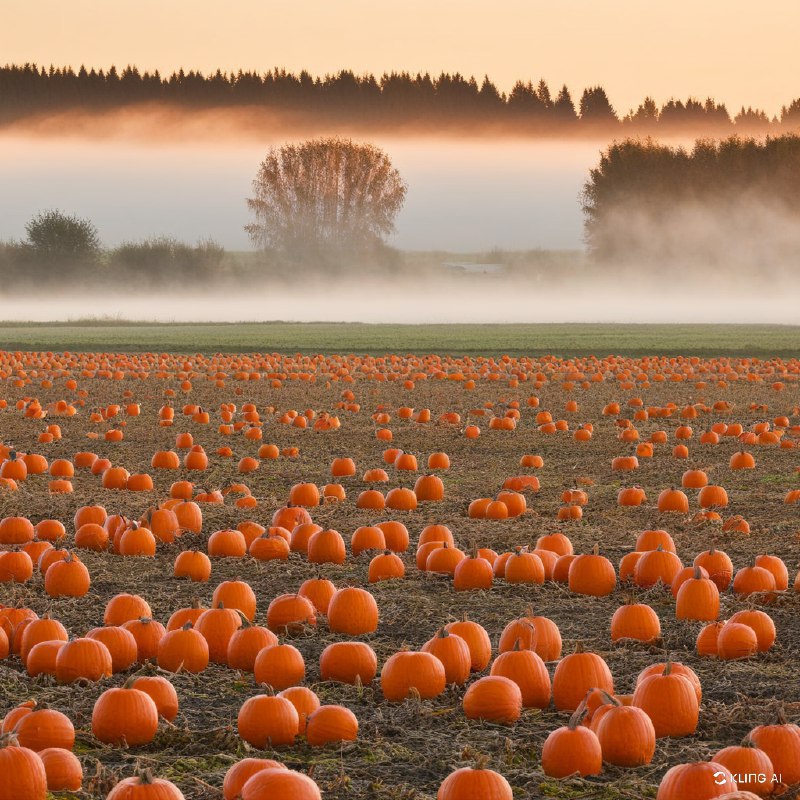 日落时分，加拿大不列颠哥伦比亚省维多利亚市，一片宁静的南瓜田，四周环绕着傍晚的薄雾，背景是树木，灯光温暖柔和，秋意浓浓