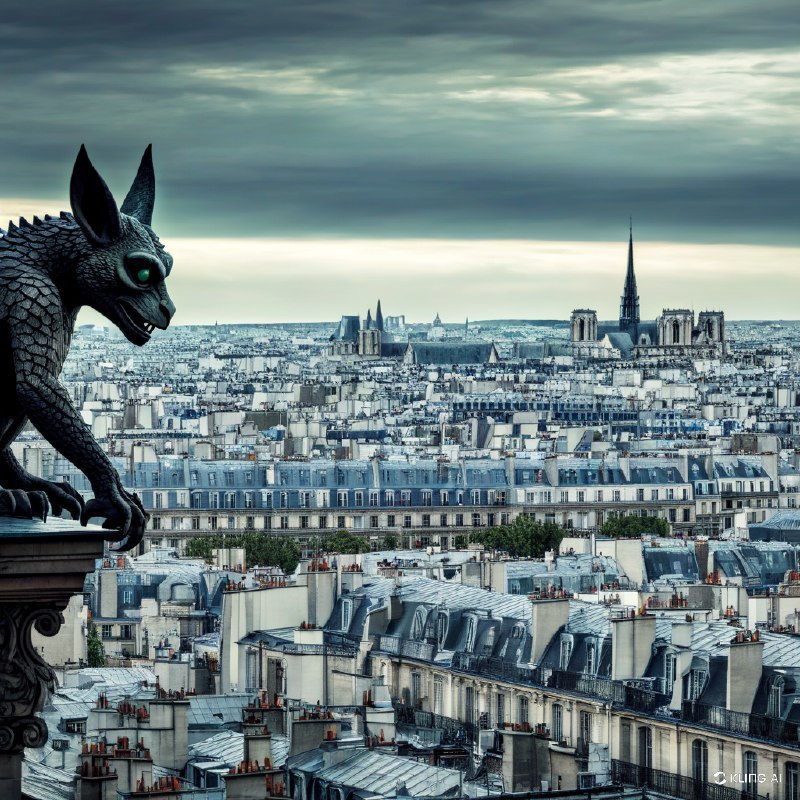万圣节夜晚，一只阴冷不祥的石像鬼俯瞰着巴黎的屋顶，背景是巴黎圣母院大教堂