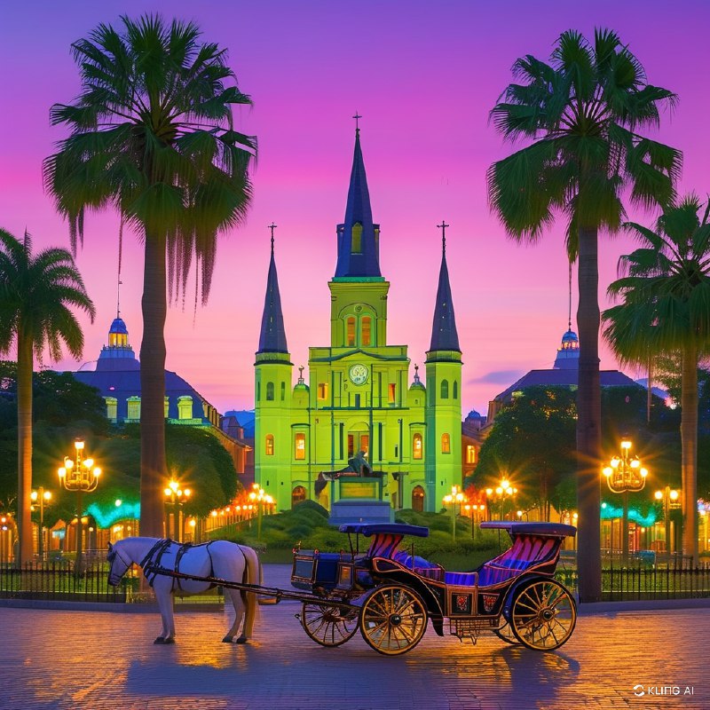 #Bing_Wallpaper"在路易斯安那州新奥尔良热闹的狂欢节庆典中，壮丽的杰克逊广场呈现出迷人的景象，辉煌灯光照耀下的圣路易斯大教堂以其标志性的尖塔矗立其中，被茂密的绿树和历史悠久的建筑映衬