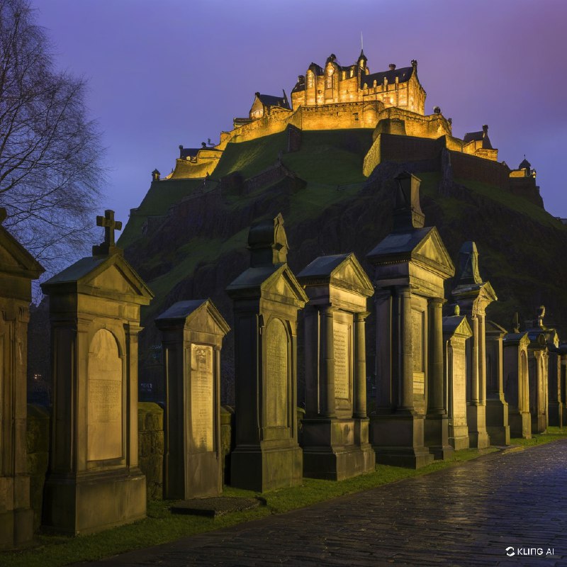 这是一个诡异的历史场景，以苏格兰教堂墓地的墓碑为前景，背景是爱丁堡城堡在阴暗的天空下闪闪发光