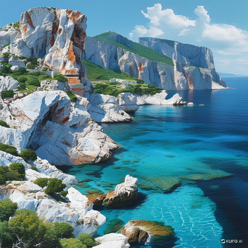 #Bing_Wallpaper“在意大利撒丁岛苏尔基斯-伊格莱西恩特地区的弗拉维亚港，一座雄伟的海岸悬崖展现出戏剧性的石灰岩峭壁，峭壁中镶嵌着一座神秘且古老的工业建筑，隐匿于巨大的白色与赭色石块之中