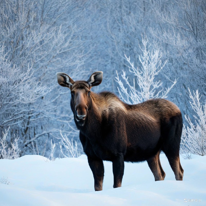 #Bing_Wallpaper"创造一个令人叹为观止的场景：在阿拉斯加德纳利国家公园的雪景中，一只母麋鹿伫立其中，眼神狂野而深邃