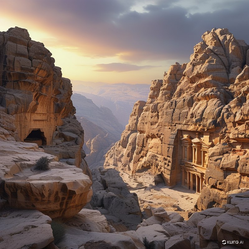 #Bing_Wallpaper“约旦佩特拉的修道院（Ad Deir）的壮丽遗址沐浴在落日的金色余辉中