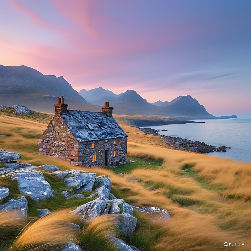 #Bing_Wallpaper"威尔士沿海的日出景象，一座古朴的石屋静静地坐落在金色随风摇曳的草丛中，屋顶覆有板岩，与兰德温岛（Llanddwyn Island）宁静的美景融为一体