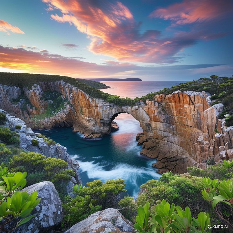 #Bing_Wallpaper令人叹为观止的海边天然拱门，周围是崎岖的悬崖和郁郁葱葱的树木，在壮丽的天空下，澳大利亚塔斯马尼亚州#Bing_Wallpaper令人叹为观止的海边天然拱门，周围是崎岖的悬崖和郁郁葱葱的树木，在壮丽的天空下，澳大利亚塔斯马尼亚州