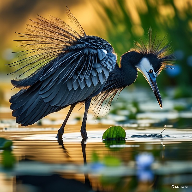 #Bing_Wallpaper一只黑鹭正在展示其标志性的“伞形觅食”技巧，深色的羽毛张开形成一个戏剧性的圆形伞状穹顶，几乎触及水面，营造出一种飘渺而富有层次感的拱形景观