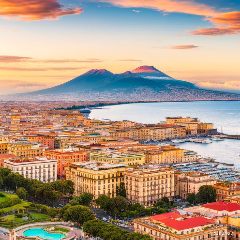 #Bing_Wallpaper“意大利那不勒斯湾的全景生动地展现在眼前，沐浴在夕阳天空温暖的金色光辉中