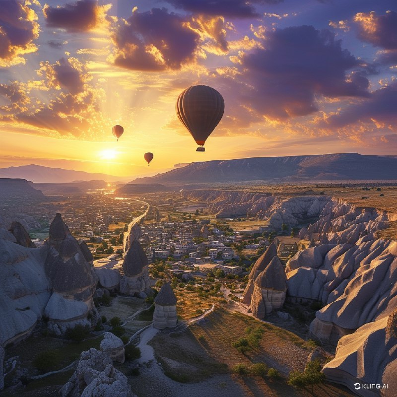 #Bing_Wallpaper"卡帕多西亚格雷梅国家公园在日落时分的迷人鸟瞰图，展现出独特的岩石地貌和阳光洒满山谷的宁静景色，被金色与紫色的光辉所沐浴