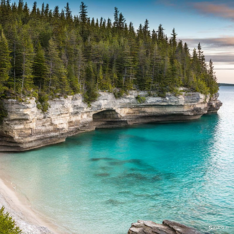 #Bing_Wallpaper“安大略省加拿大布鲁斯半岛国家公园，壮丽的悬崖俯瞰着一片宁静的碧绿海湾，周围环绕着茂密的常青树林