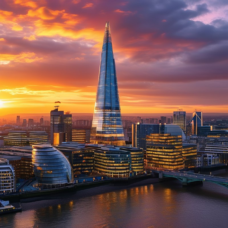 #Bing_Wallpaper“日落时分，伦敦的壮丽城市景观令人心生敬畏，以耸立在天际线上的碎片大厦（The Shard）为焦点