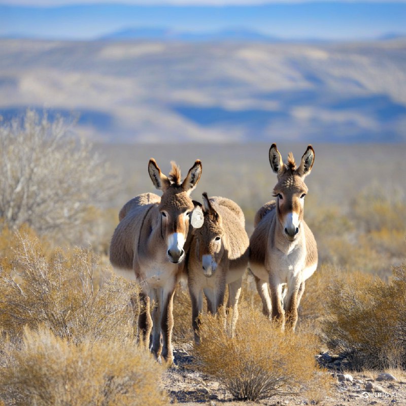 #Bing_Wallpaper在美国内华达州赖奥莱特附近一个阳光明媚的沙漠山谷中，两头野驴并肩而立