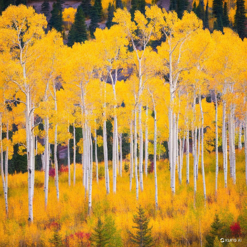 科罗拉多州大理石附近的一片杨树林秋景生机勃勃，金黄色的树叶在自然宁静的环境中展现出令人惊叹的色彩