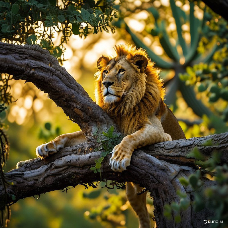 #Bing_Wallpaper“一只宁静的狮子安详地栖息在一根结实的树枝上，隐身于伊沙夏地区——乌干达伊丽莎白女王国家公园内密茂的仙人掌状树木的葱茏枝叶间